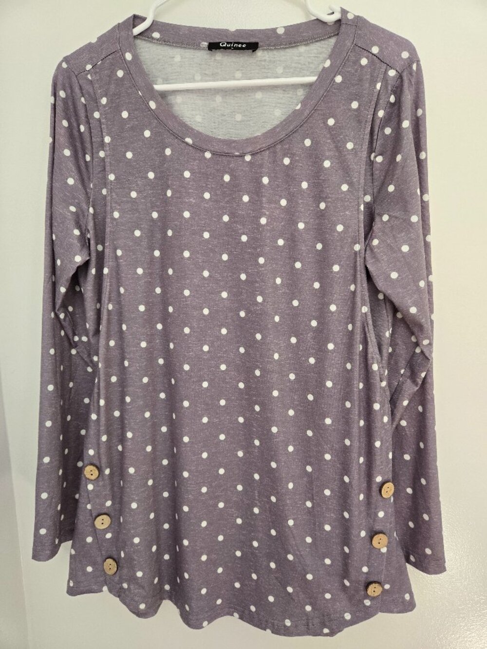 Quinee Women's Maternity Nursing Tunic Size L Gray White Polka Dot Button Side